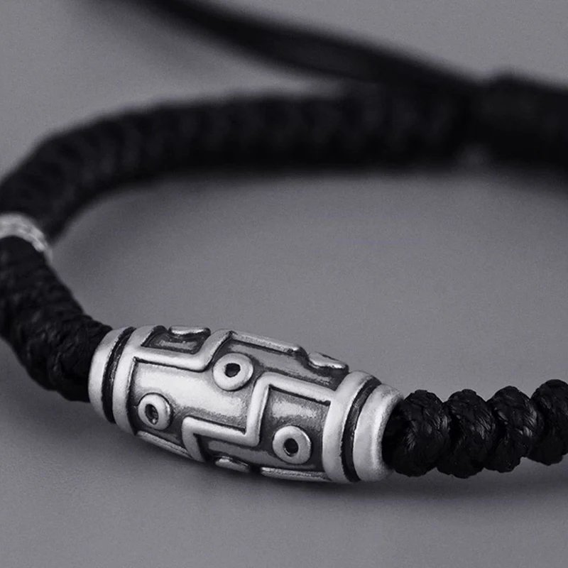 Braccialetto di corda della benedizione con perline Dzi a nove occhi in argento sterling 999 Buddha Stones - Image 2