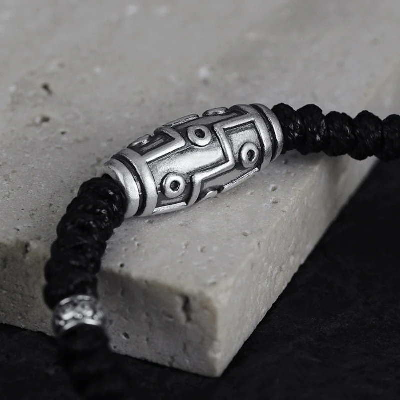 Braccialetto di corda della benedizione con perline Dzi a nove occhi in argento sterling 999 Buddha Stones - Image 3