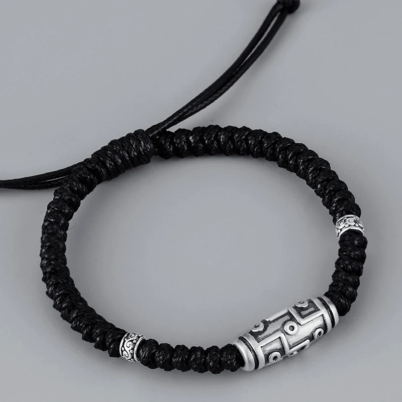 Braccialetto di corda della benedizione con perline Dzi a nove occhi in argento sterling 999 Buddha Stones - Image 4