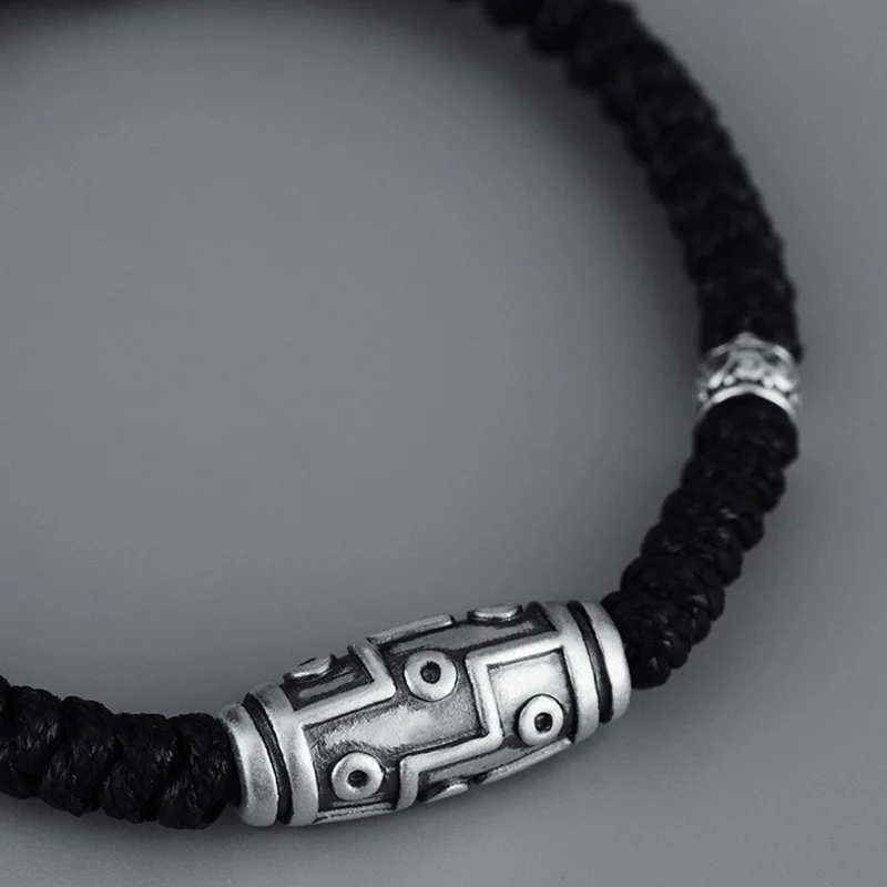 Braccialetto di corda della benedizione con perline Dzi a nove occhi in argento sterling 999 Buddha Stones - Image 5