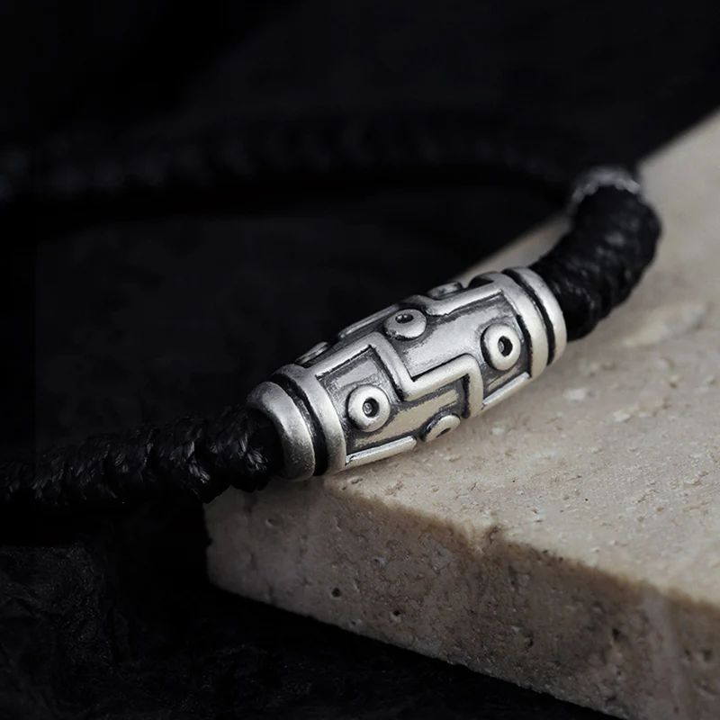 Braccialetto di corda della benedizione con perline Dzi a nove occhi in argento sterling 999 Buddha Stones - Image 7