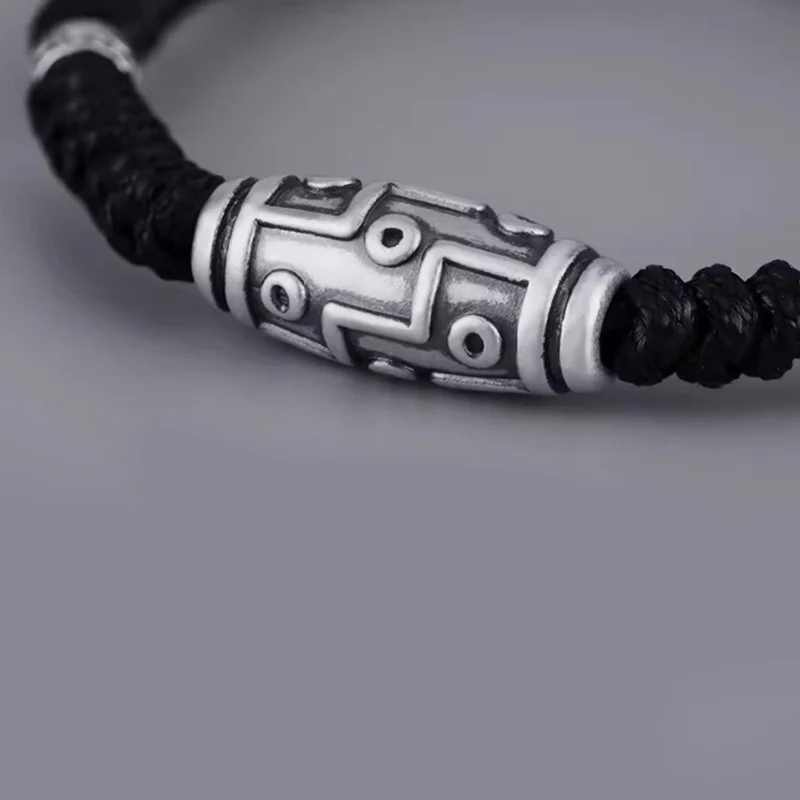 Braccialetto di corda della benedizione con perline Dzi a nove occhi in argento sterling 999 Buddha Stones - Image 8