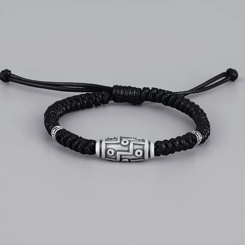 Braccialetto di corda della benedizione con perline Dzi a nove occhi in argento sterling 999 Buddha Stones - Image 9
