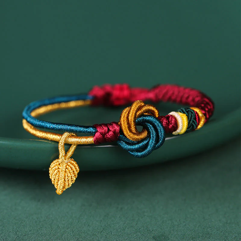 Braccialetto di corda della fortuna con nodo foglia mandala tibetano fatto a mano con Buddha Stones - Image 3