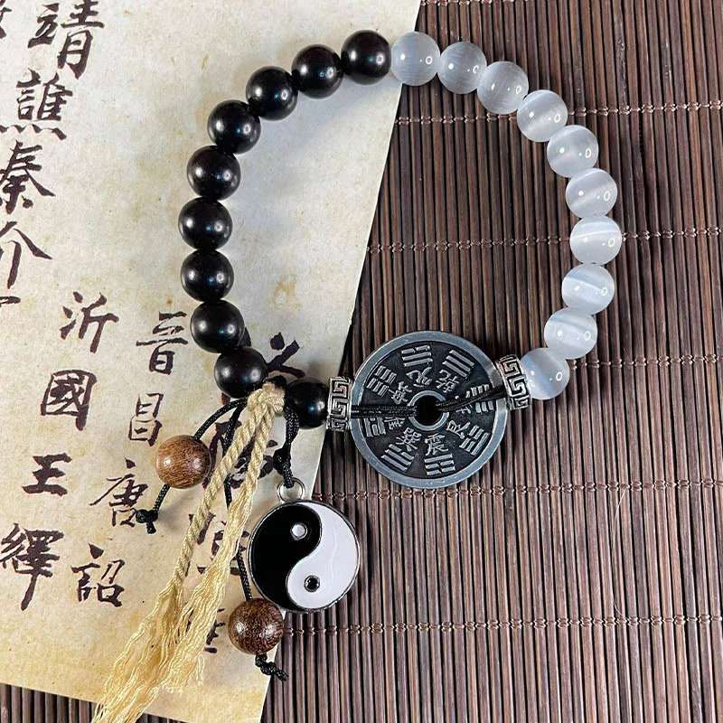 Braccialetto di corda di supporto per monete Bagua in legno di ebano con occhio di gatto Buddha Stones - Image 3