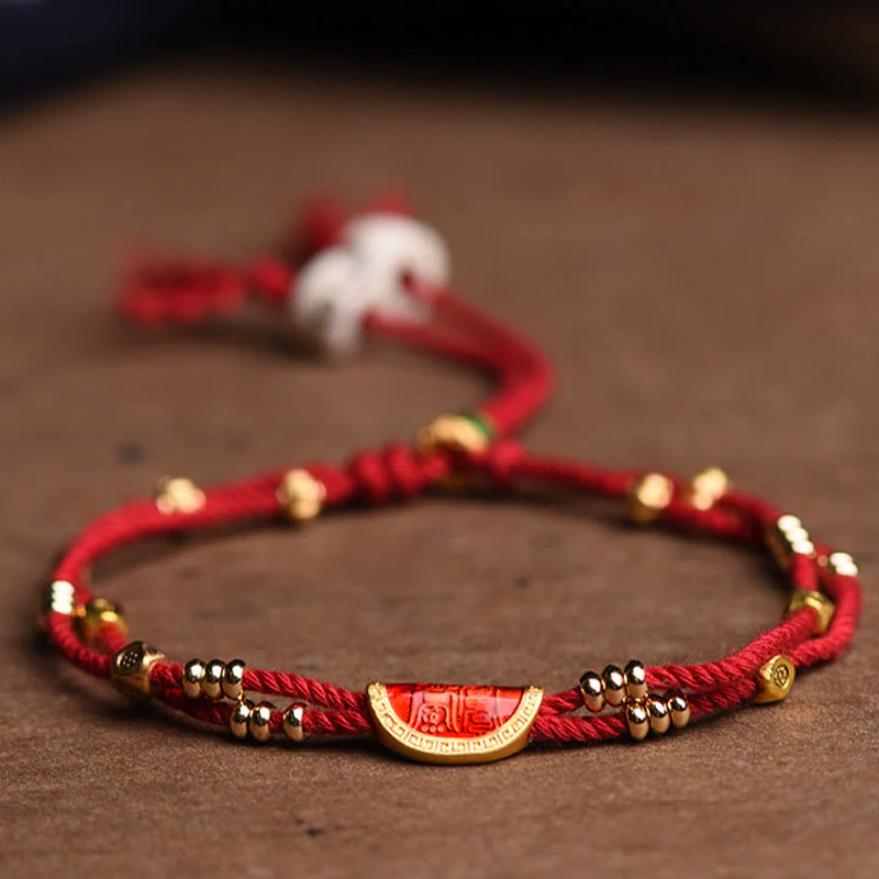 Braccialetto di corda rossa intrecciata con design di gnocchi di cinabro fatti a mano Buddha Stones
