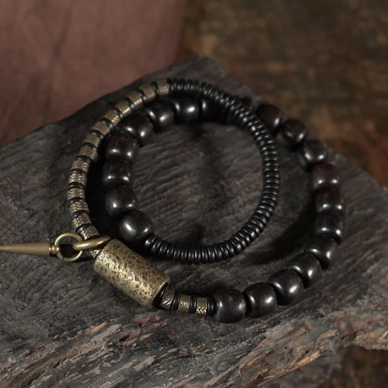 Braccialetto di equilibrio a doppio giro con perline vintage in legno di ebano, ottone e rame Buddha Stones - Image 2