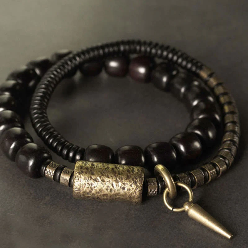 Braccialetto di equilibrio a doppio giro con perline vintage in legno di ebano, ottone e rame Buddha Stones - Image 3