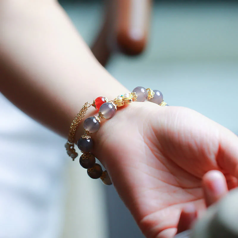 Braccialetto di equilibrio con nappa di perle di carattere Fu in agata grigia naturale Buddha Stones - Image 12