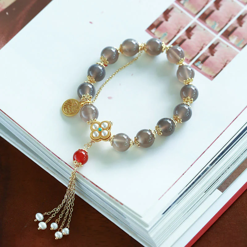 Braccialetto di equilibrio con nappa di perle di carattere Fu in agata grigia naturale Buddha Stones - Image 6
