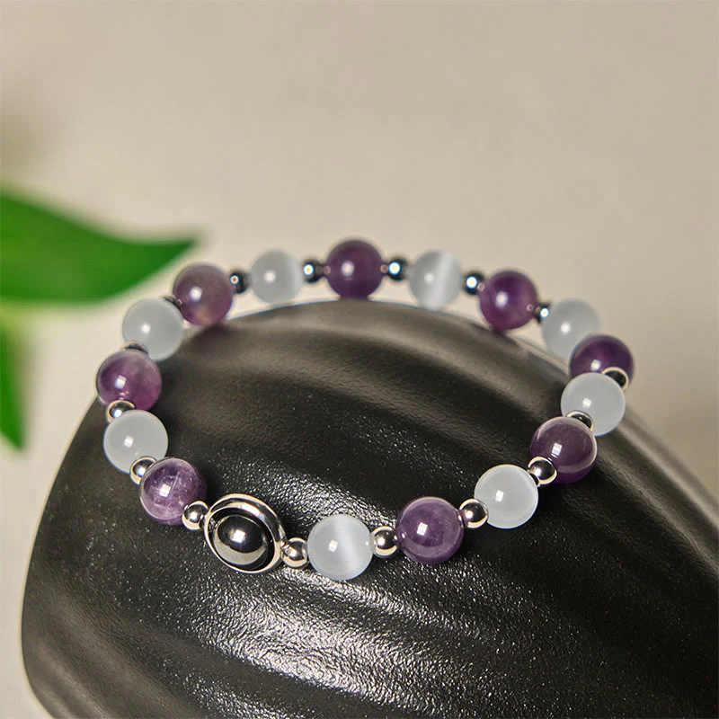 Braccialetto di equilibrio con perle di occhio di gatto bianco e ametista naturale Buddha Stones