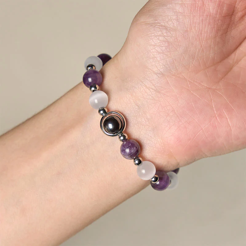 Braccialetto di equilibrio con perle di occhio di gatto bianco e ametista naturale Buddha Stones - Image 4