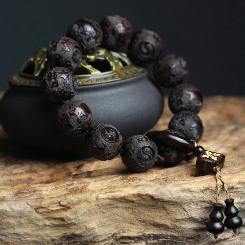 Braccialetto di equilibrio con zucca inciso con carattere cinese Yin Yang in legno di ebano Buddha Stones - Image 2