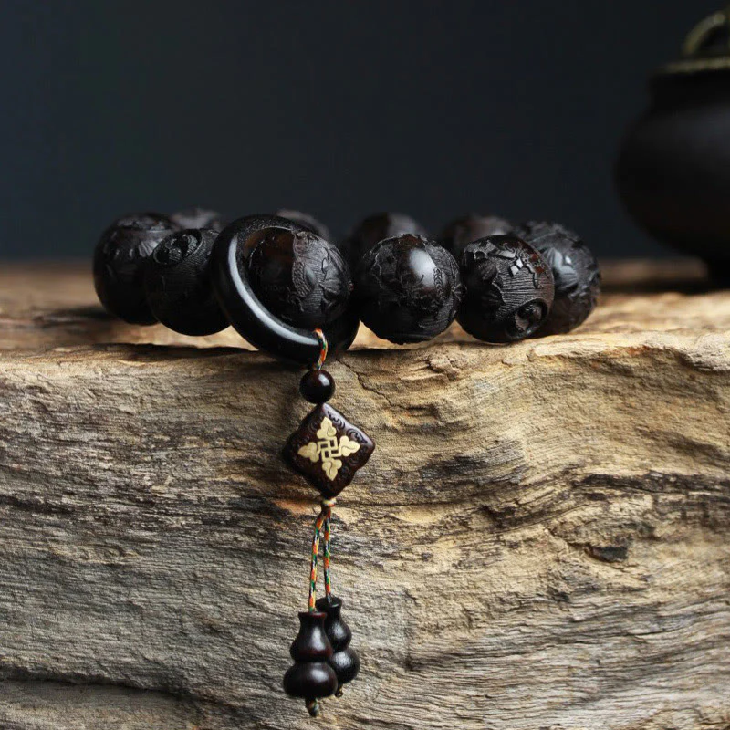 Braccialetto di equilibrio con zucca inciso con carattere cinese Yin Yang in legno di ebano Buddha Stones - Image 3