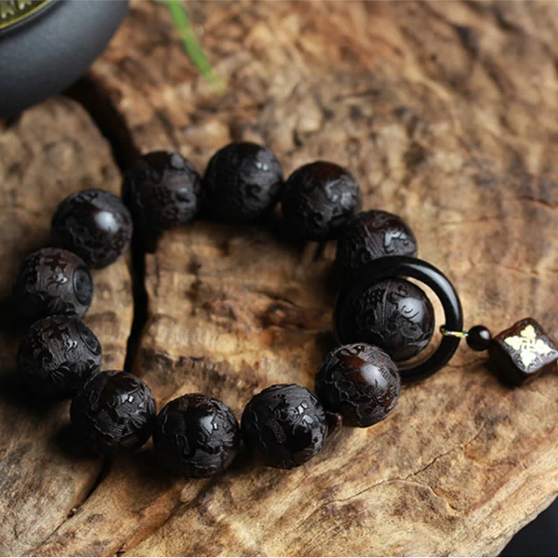 Braccialetto di equilibrio con zucca inciso con carattere cinese Yin Yang in legno di ebano Buddha Stones - Image 9