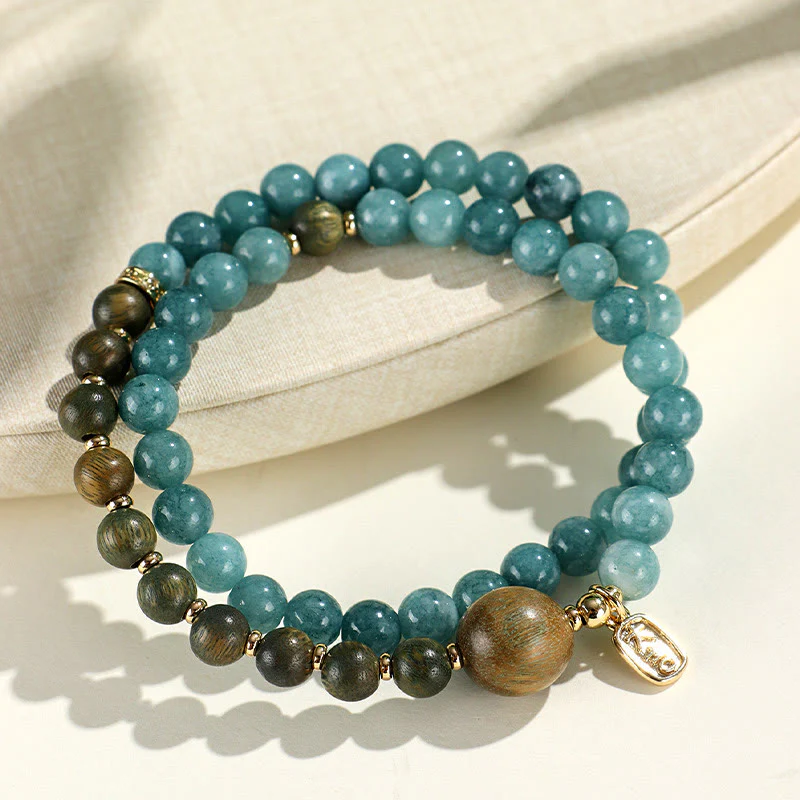Braccialetto di equilibrio emozionale a doppio giro Buddha Stones Calcedonio blu Sandalo verde Foglia piccola Sandalo rosso