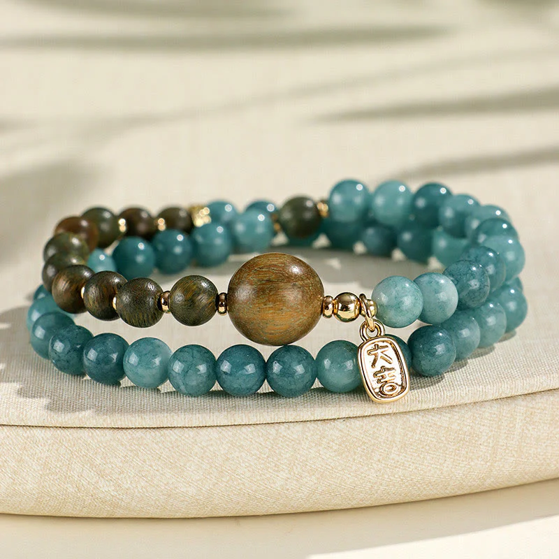 Braccialetto di equilibrio emozionale a doppio giro Buddha Stones Calcedonio blu Sandalo verde Foglia piccola Sandalo rosso - Image 2