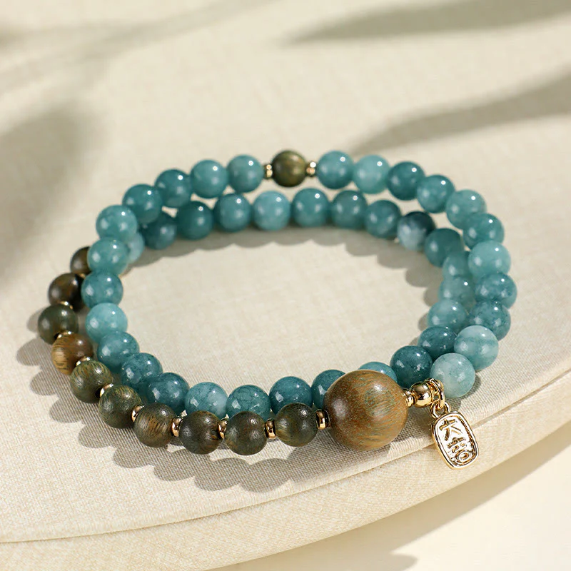 Braccialetto di equilibrio emozionale a doppio giro Buddha Stones Calcedonio blu Sandalo verde Foglia piccola Sandalo rosso - Image 3