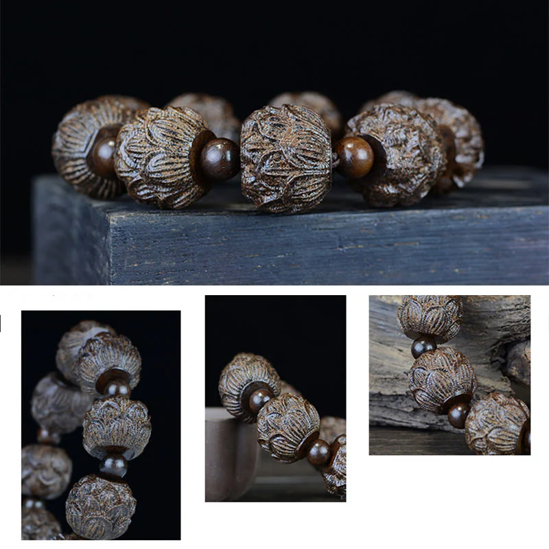 Braccialetto di equilibrio inciso Buddha Stones, legno di ebano, diciotto Arhat, drago di loto - Image 11