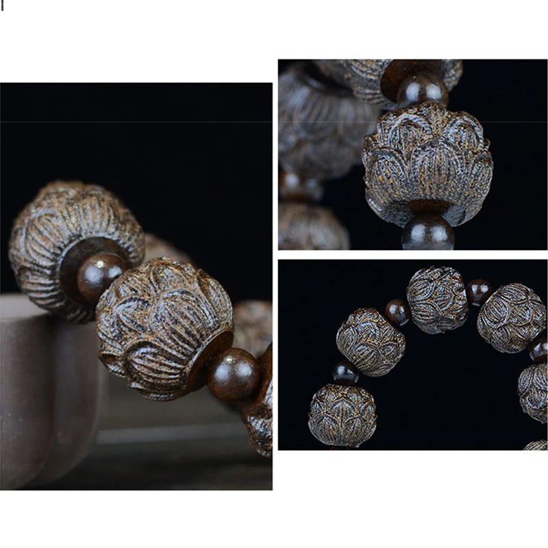 Braccialetto di equilibrio inciso Buddha Stones, legno di ebano, diciotto Arhat, drago di loto - Image 12