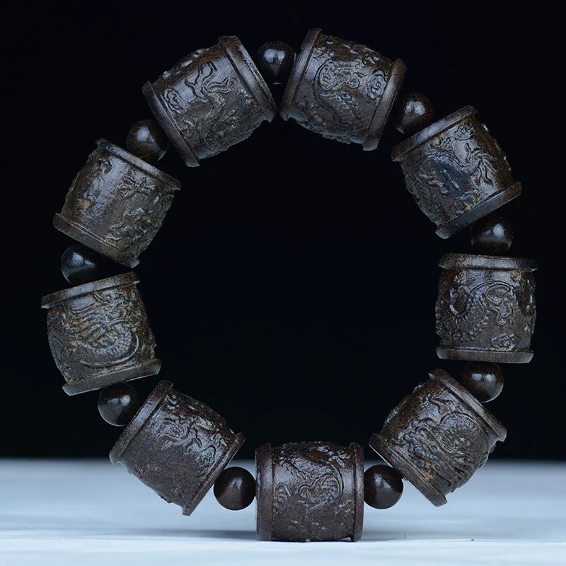 Braccialetto di equilibrio inciso Buddha Stones, legno di ebano, diciotto Arhat, drago di loto - Image 13