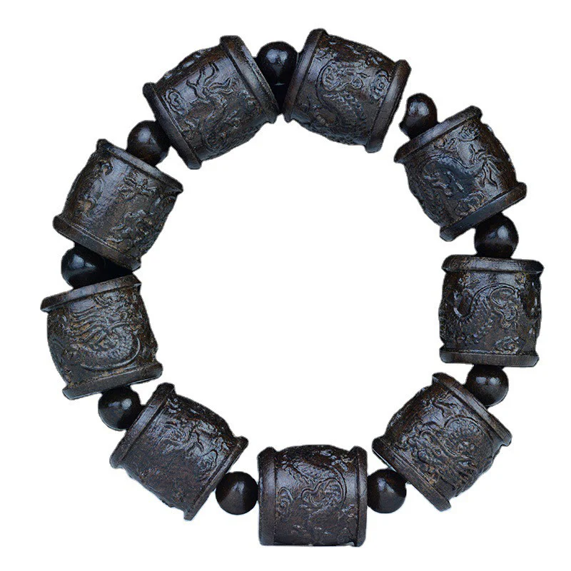 Braccialetto di equilibrio inciso Buddha Stones, legno di ebano, diciotto Arhat, drago di loto - Image 14