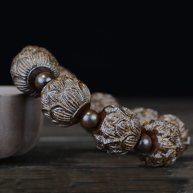 Braccialetto di equilibrio inciso Buddha Stones, legno di ebano, diciotto Arhat, drago di loto - Image 3