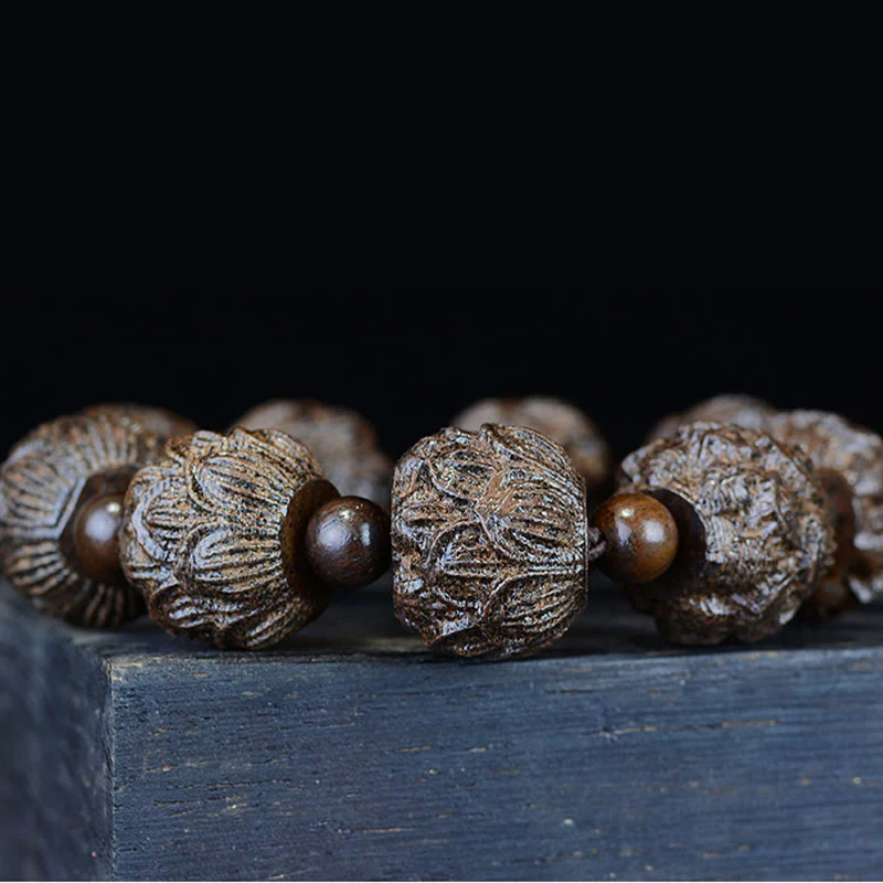 Braccialetto di equilibrio inciso Buddha Stones, legno di ebano, diciotto Arhat, drago di loto - Image 5