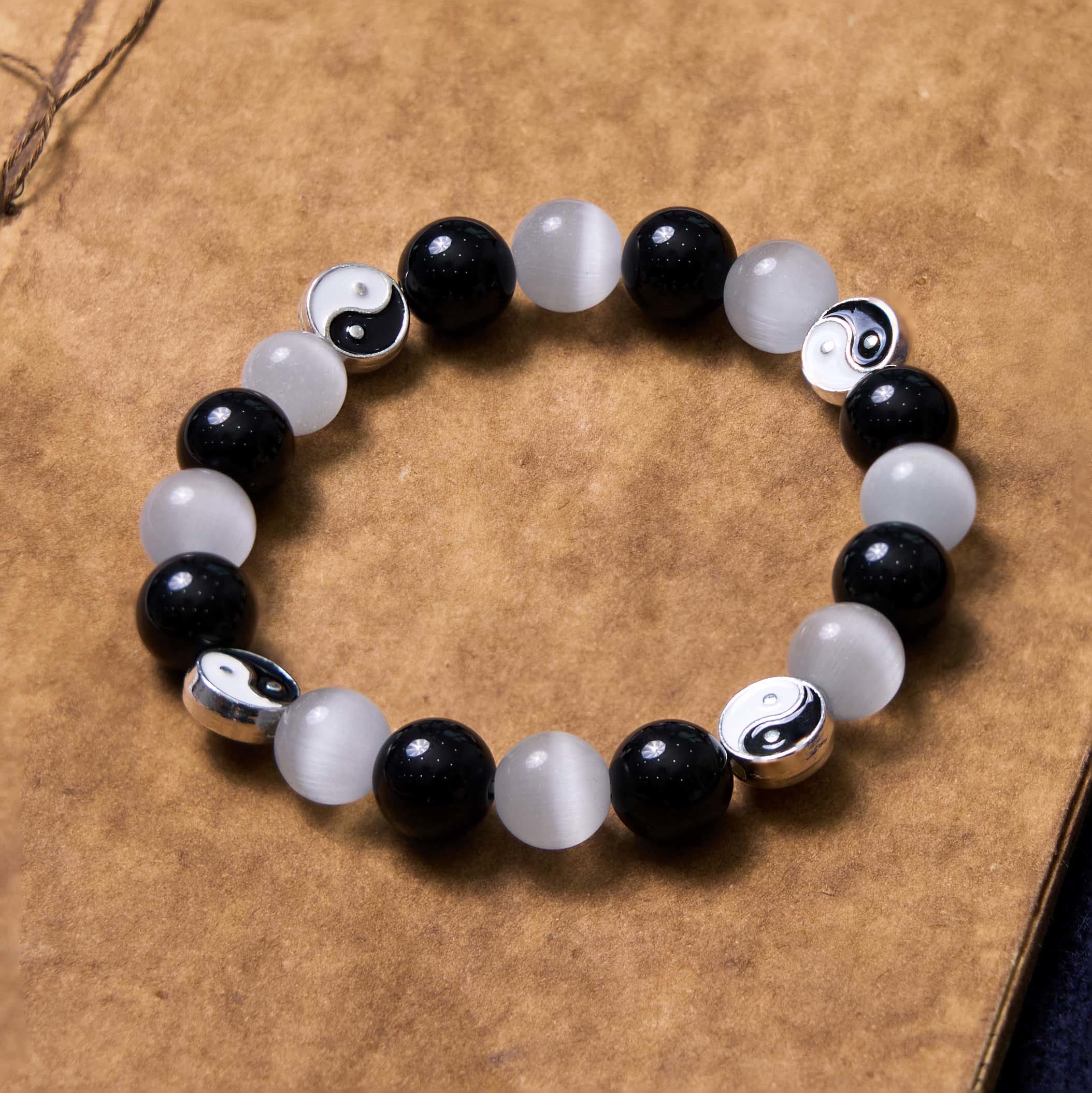 Braccialetto di forza purificatrice Yin Yang con occhio di gatto e ossidiana nera Buddha Stones