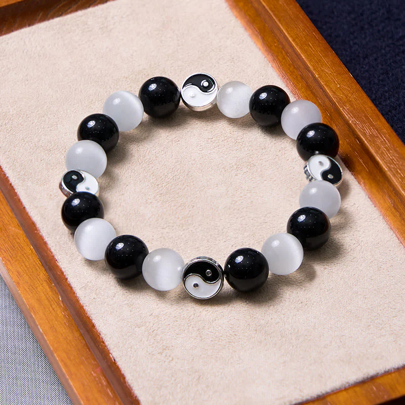 Braccialetto di forza purificatrice Yin Yang con occhio di gatto e ossidiana nera Buddha Stones - Image 2