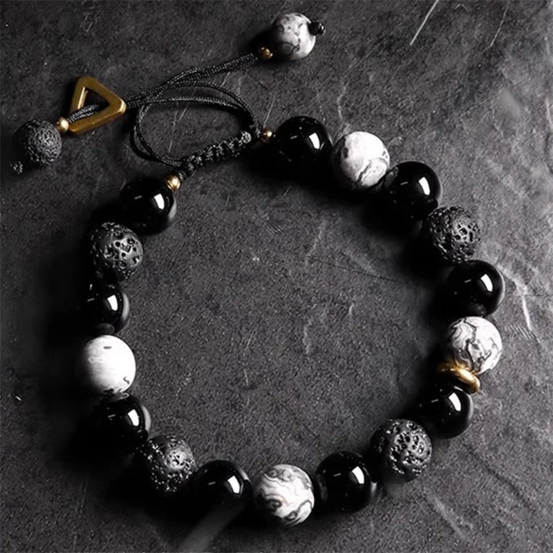 Braccialetto di forza Yin Yang in pietra lavica di ossidiana nera Buddha Stones