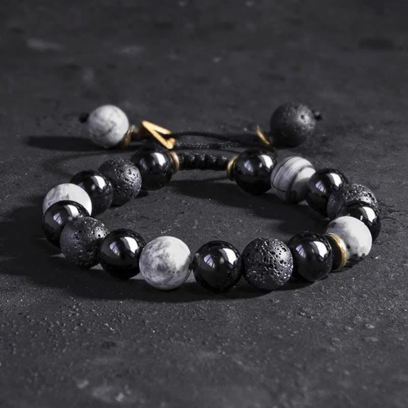 Braccialetto di forza Yin Yang in pietra lavica di ossidiana nera Buddha Stones - Image 2