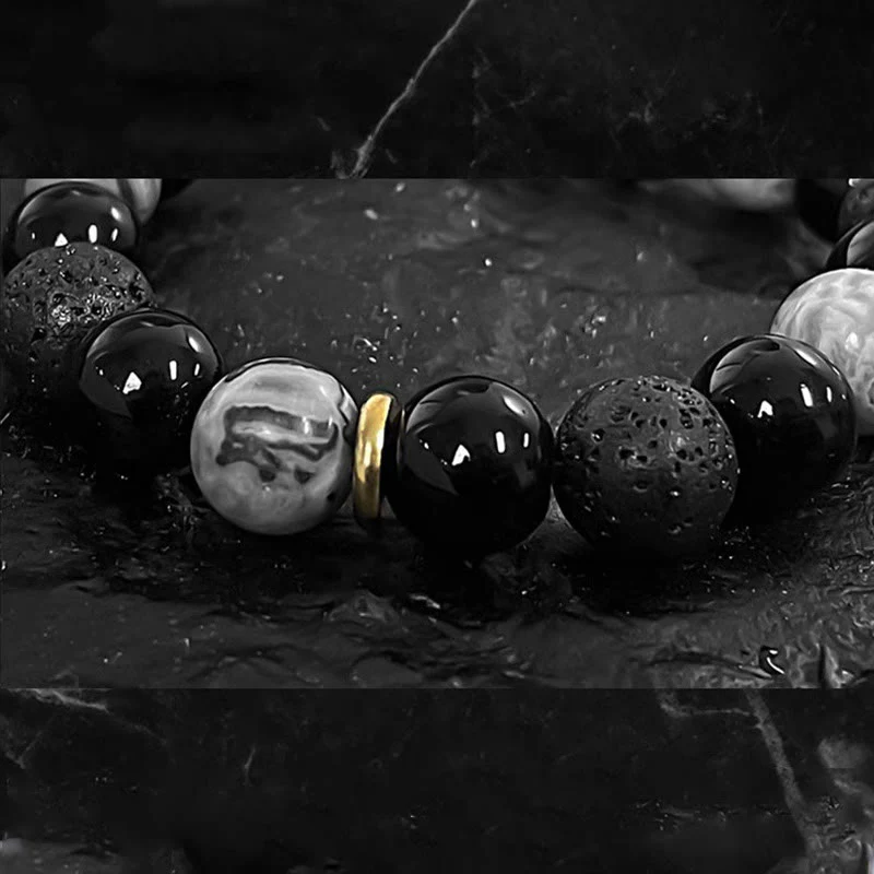 Braccialetto di forza Yin Yang in pietra lavica di ossidiana nera Buddha Stones - Image 7