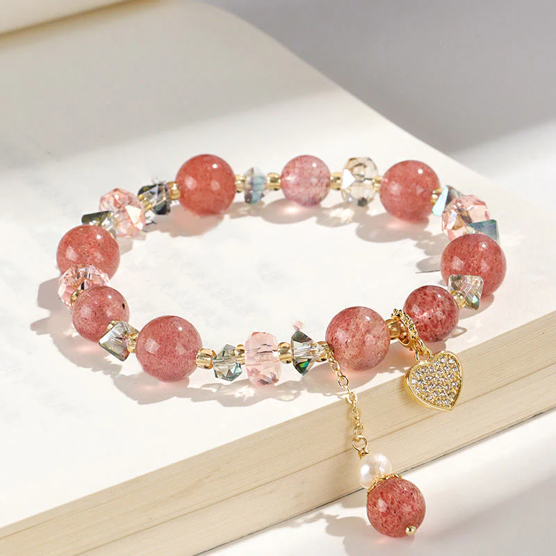 Braccialetto di guarigione a forma di cuore di Liuli con perle di cristallo bianco e quarzo fragola Buddha Stones - Image 2