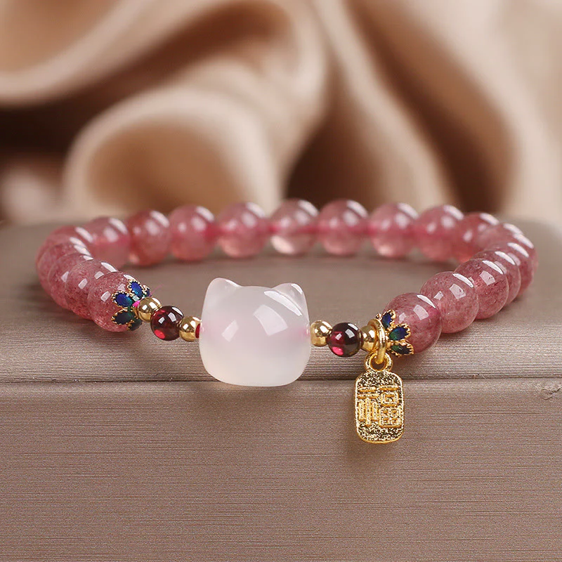 Braccialetto di guarigione con carattere di gatto Fu , Buddha Stones , quarzo fragola e giada bianca