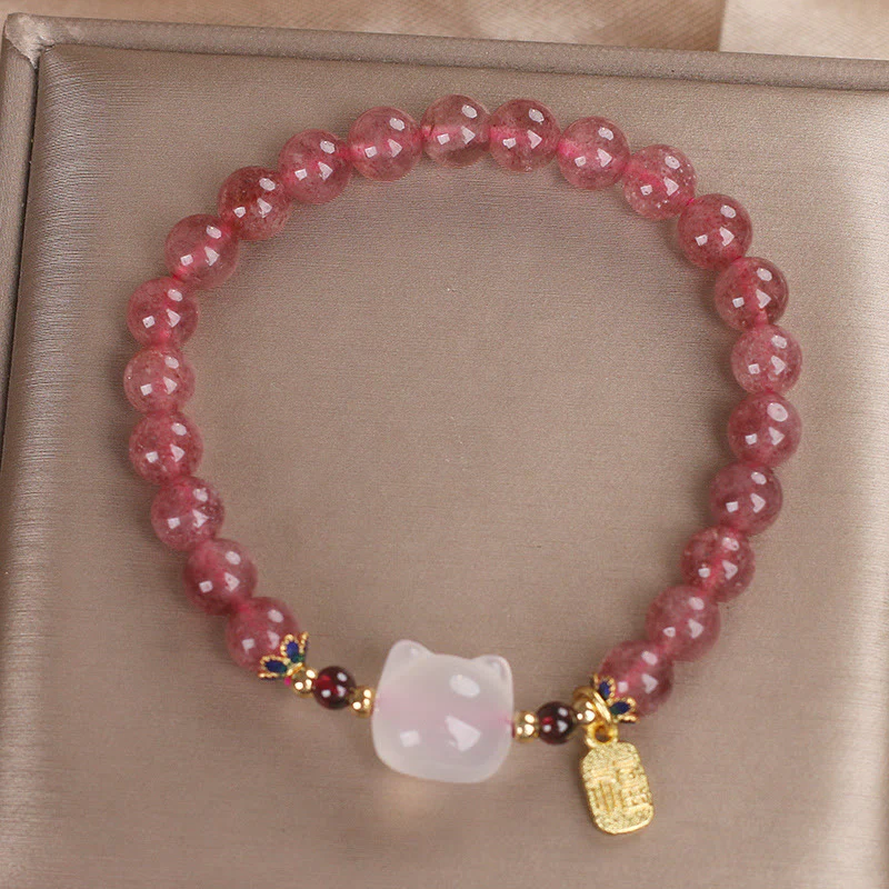 Braccialetto di guarigione con carattere di gatto Fu , Buddha Stones , quarzo fragola e giada bianca - Image 11
