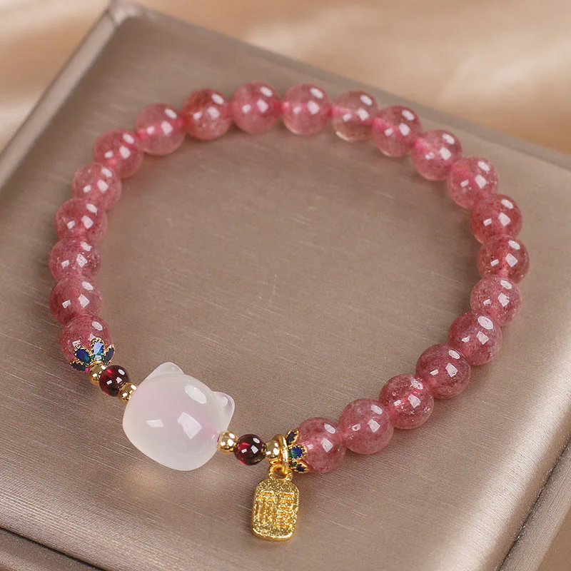 Braccialetto di guarigione con carattere di gatto Fu , Buddha Stones , quarzo fragola e giada bianca - Image 12