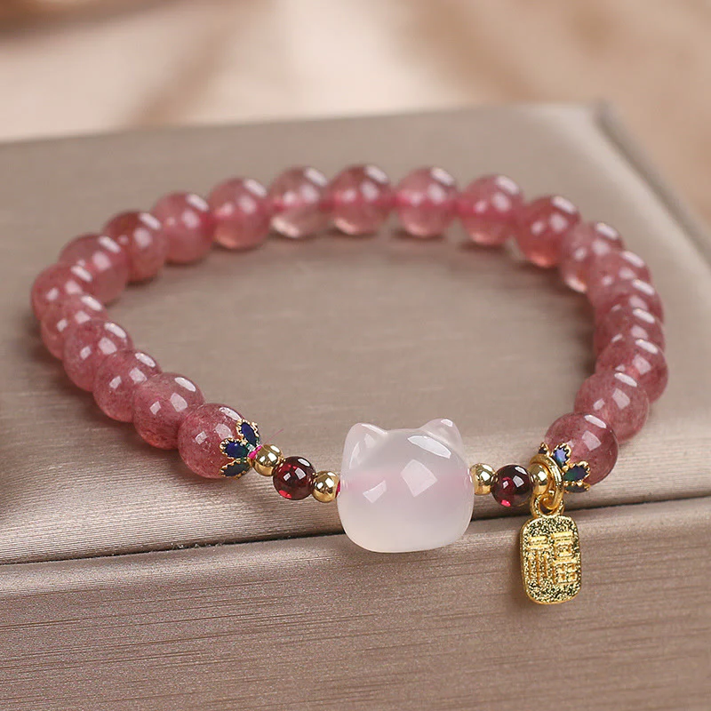 Braccialetto di guarigione con carattere di gatto Fu , Buddha Stones , quarzo fragola e giada bianca - Image 4