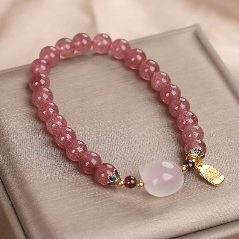 Braccialetto di guarigione con carattere di gatto Fu , Buddha Stones , quarzo fragola e giada bianca - Image 9