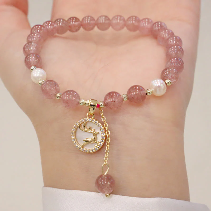 Braccialetto di guarigione con ciondolo a forma di carattere Fu, con ciondolo a forma di coda di pesce , con perle di quarzo fragola e alce sorridente - Image 5