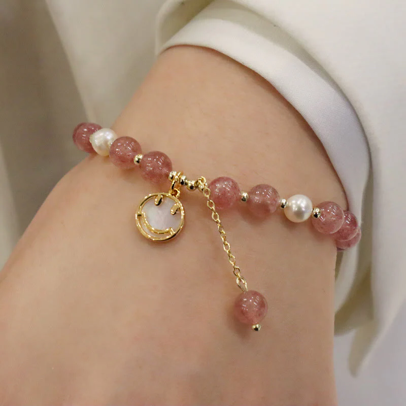 Braccialetto di guarigione con ciondolo a forma di carattere Fu, con ciondolo a forma di coda di pesce , con perle di quarzo fragola e alce sorridente - Image 7