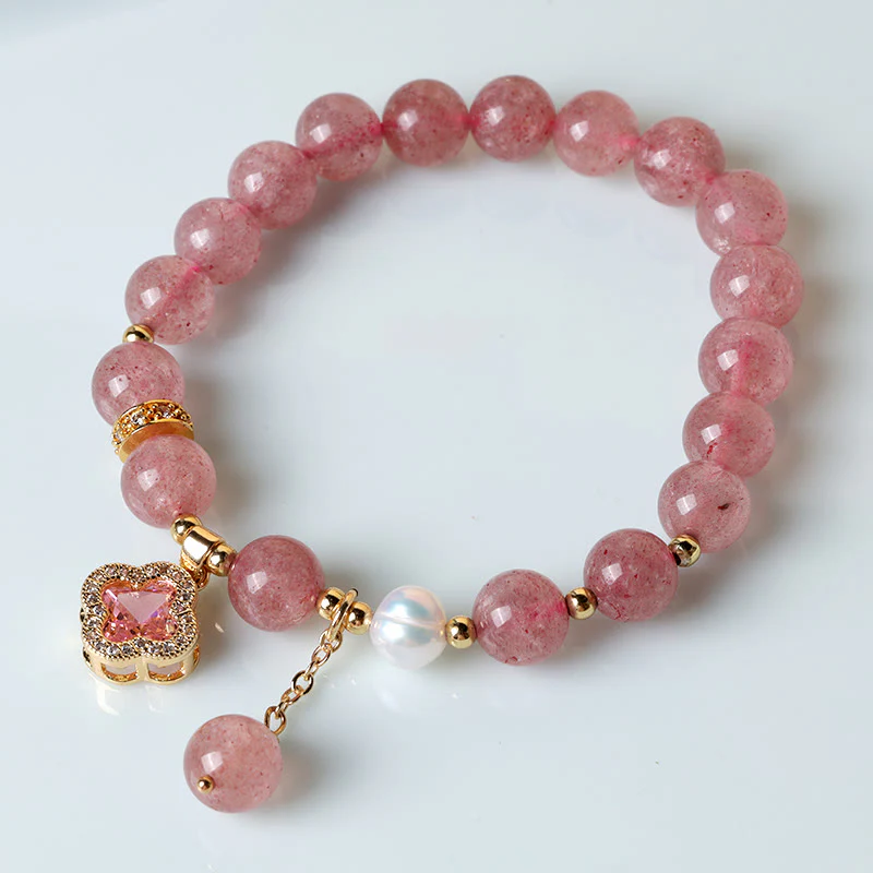 Braccialetto di guarigione con ciondolo a forma di quadrifoglio, perla e quarzo fragola Buddha Stones - Image 2