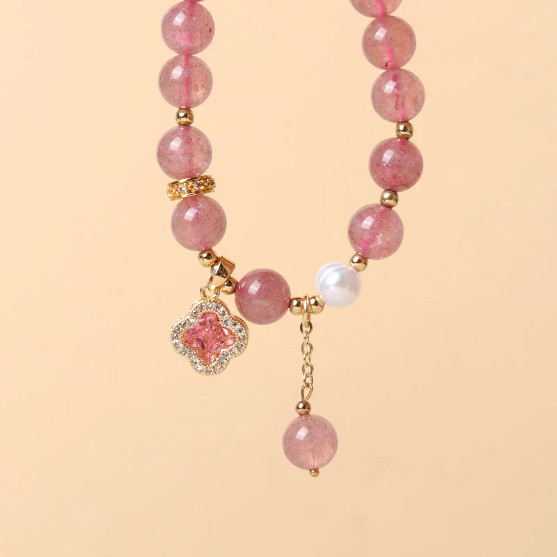 Braccialetto di guarigione con ciondolo a forma di quadrifoglio, perla e quarzo fragola Buddha Stones - Image 3