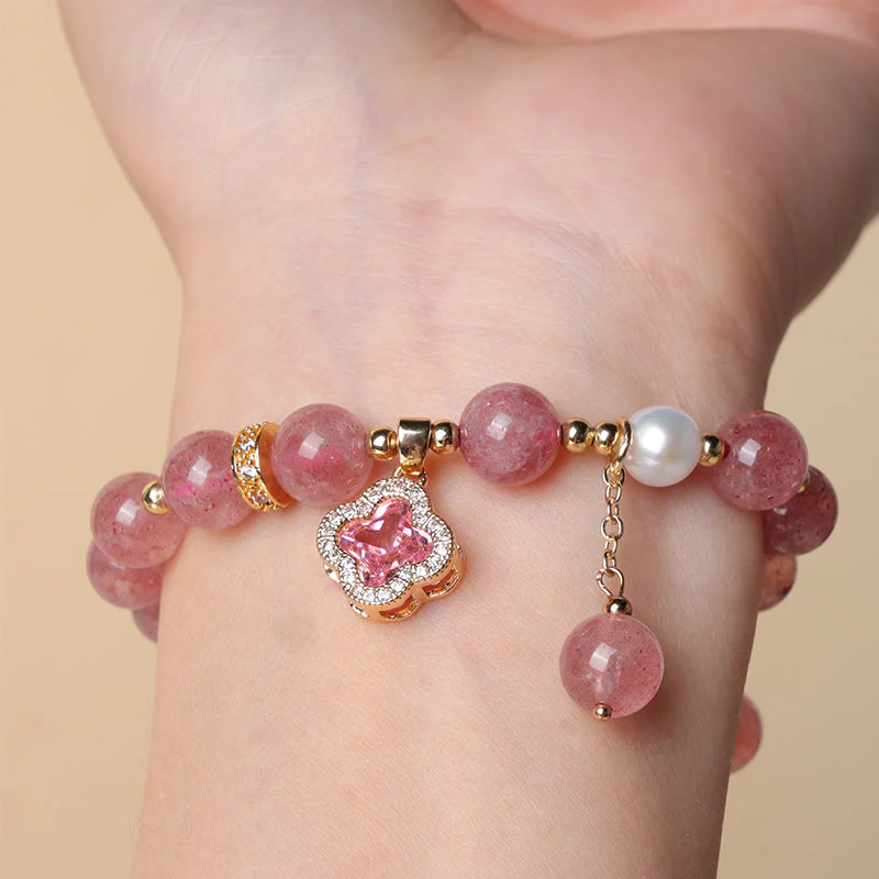Braccialetto di guarigione con ciondolo a forma di quadrifoglio, perla e quarzo fragola Buddha Stones - Image 4