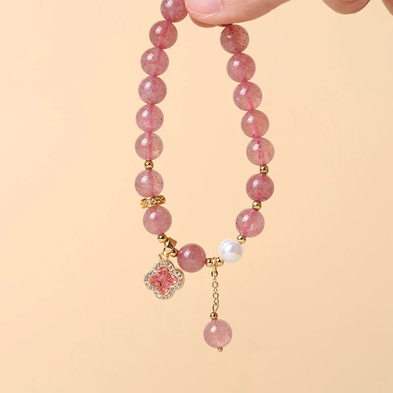 Braccialetto di guarigione con ciondolo a forma di quadrifoglio, perla e quarzo fragola Buddha Stones - Image 7