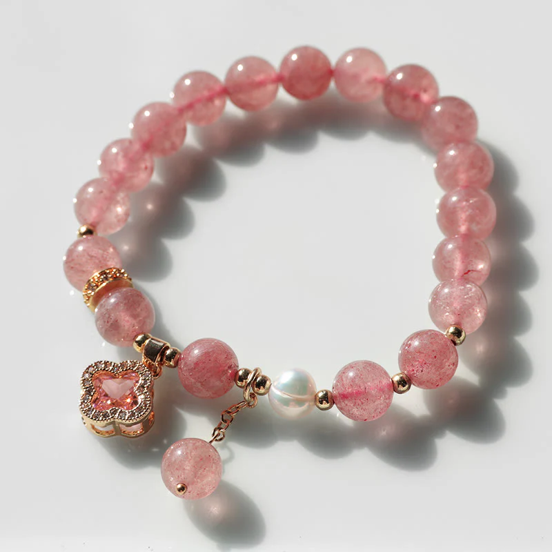 Braccialetto di guarigione con ciondolo a forma di quadrifoglio, perla e quarzo fragola Buddha Stones - Image 9