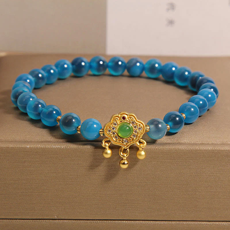 Braccialetto di guarigione con ciondolo cinese con lucchetto in agata blu caramella Buddha Stones