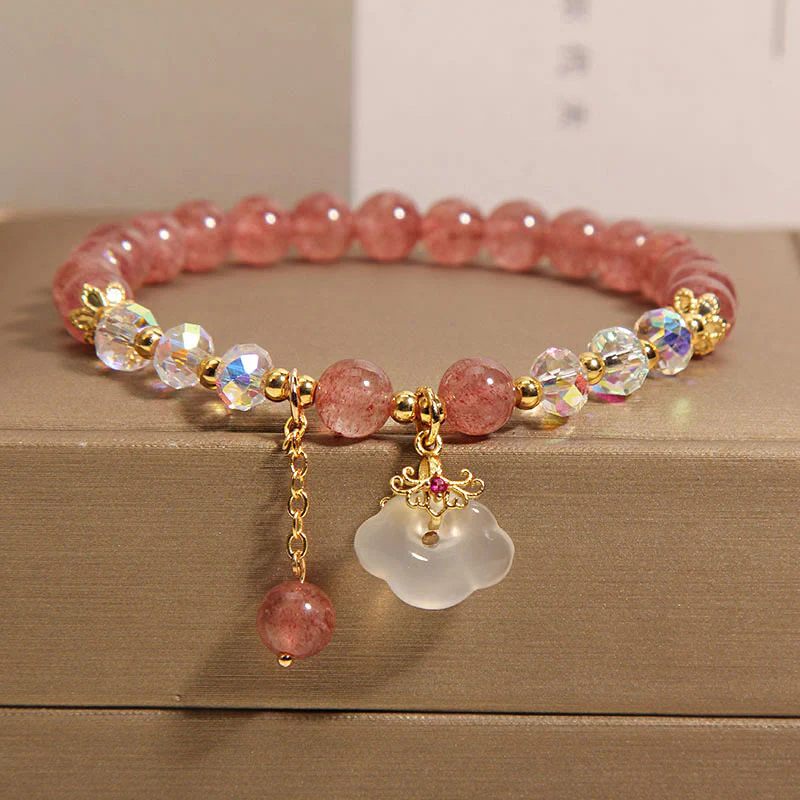 Braccialetto di guarigione con nuvola di buon auspicio in agata bianca, cristallo di quarzo fragola naturale Buddha Stones