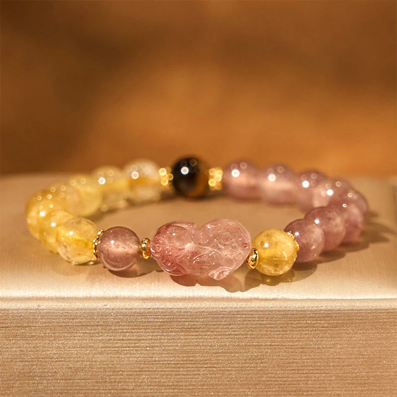 Braccialetto di guarigione con perle di quarzo rutilato Pixiu, Buddha Stones e quarzo fragola - Image 2
