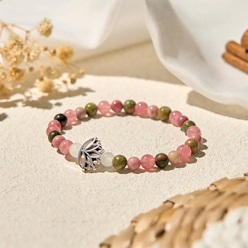 Braccialetto di guarigione con perle di rodonite e unakite, Buddha Stones e loto - Image 2